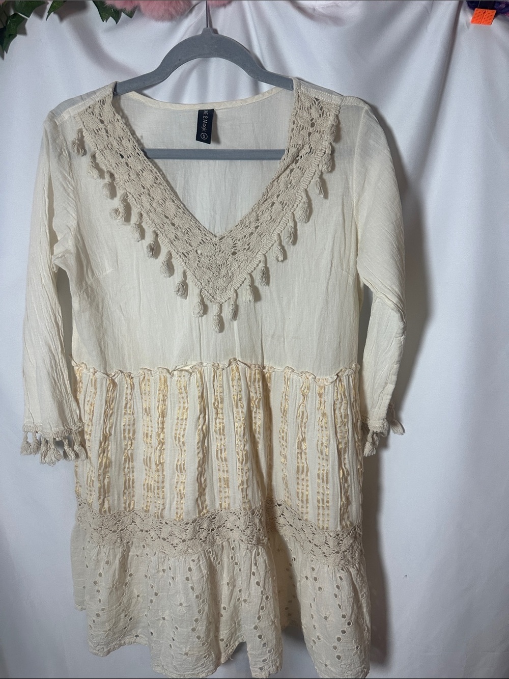 Boho Crochet Trim Cream Mini Dress with V-Neck